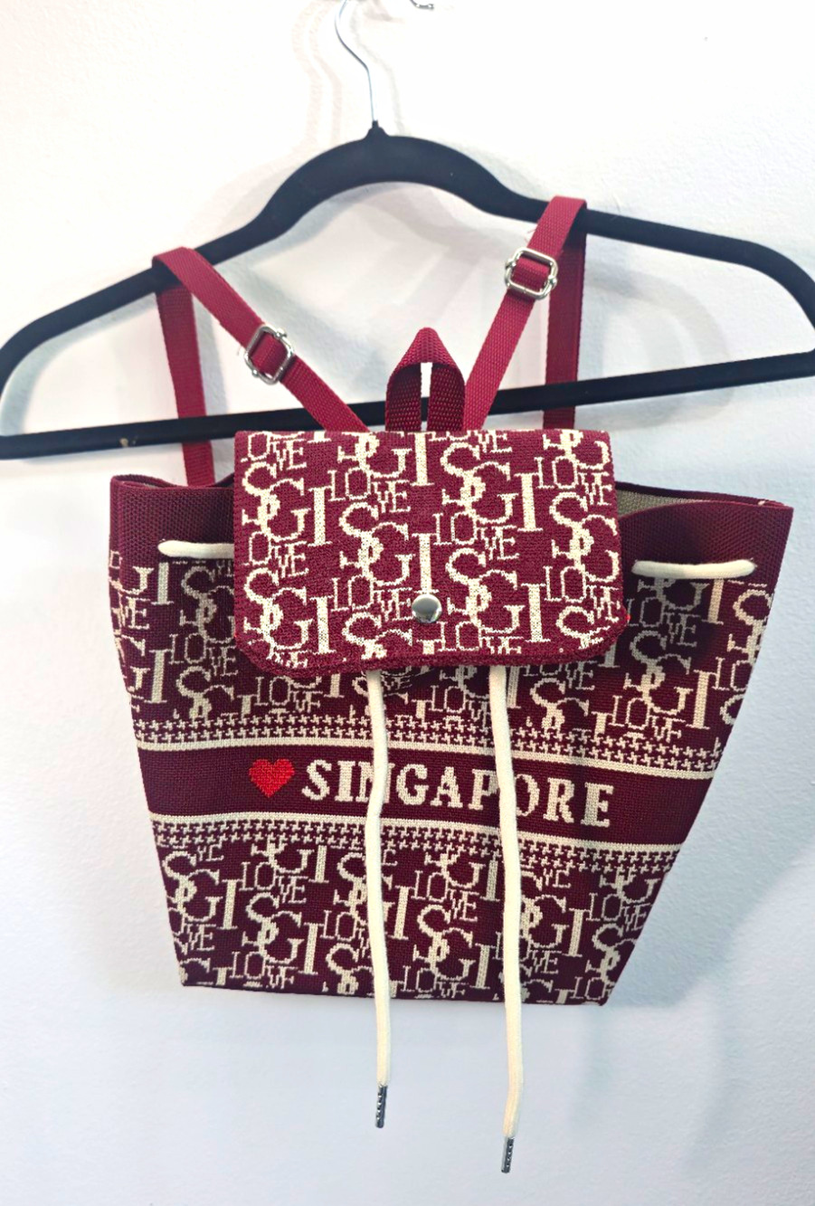 Vintage I Love Singapore Drawstring Backpack Burgundy Monogram Travel Bag